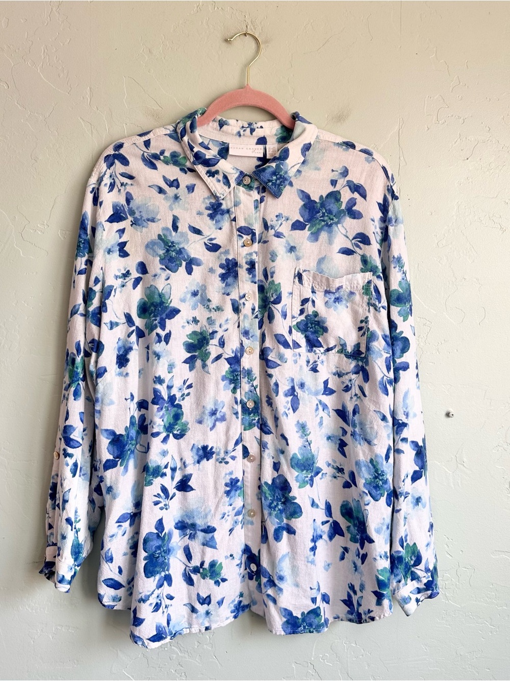 Susan Graver Women’s Blue White Floral Linen Blend Button Up Shirt Size 1XP